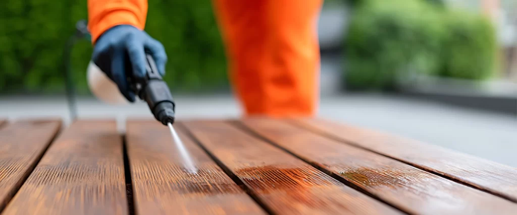 Worker applies fresh paint to wooden house deck using a spray gun