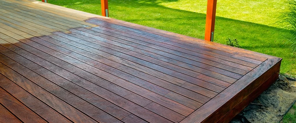 Close-up of a wooden deck on the covered terrace