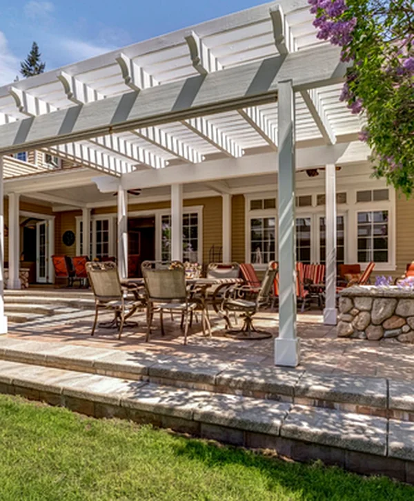 pergola installation westfield in pergola gazebo building white pergola with stone patio outdoor dining set surrounded by lilac trees