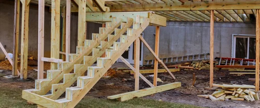View of newly constructed wooden stair stringers and exposed deck framing at a building site, with construction debris and a concrete foundation visible.