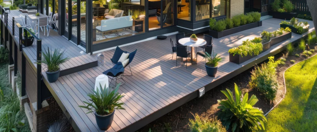 High-end architectural deck for a modern acreage home featuring grey wood-look planks, black contemporary chairs, and a dining table overlooking a lush green lawn.