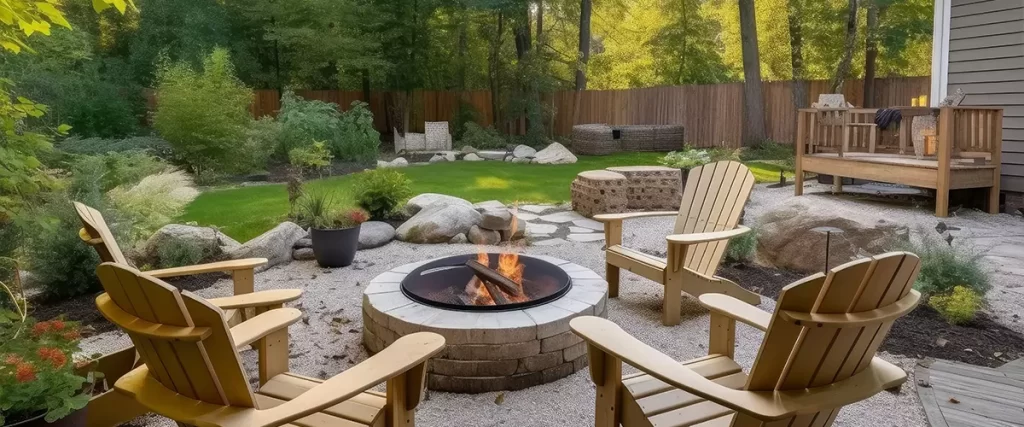 A cozy outdoor seating area featuring four wooden Adirondack chairs arranged around a circular stone fire pit in a lush backyard.