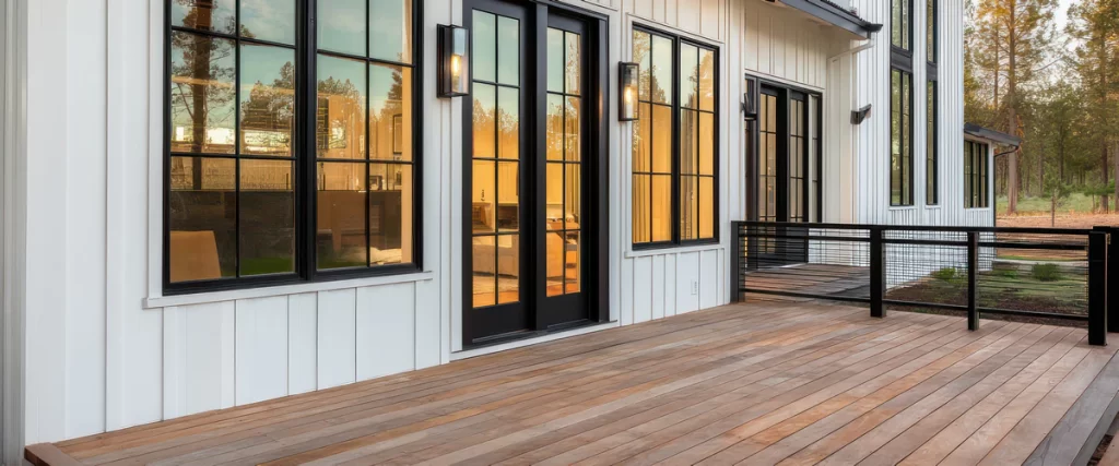 Modern white farmhouse exterior with black trim windows and a large natural wood deck under a clear sky.