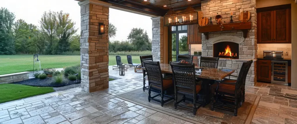 Luxury covered outdoor patio with a large rustic stone fireplace, a formal dining table, and a built-in kitchen area overlooking a wide green lawn.