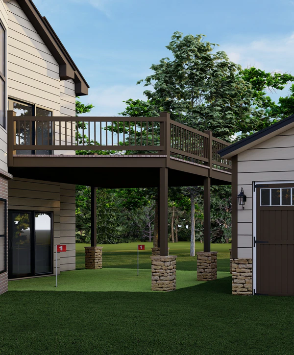 A 3D deck design showing a raised backyard wooden deck supported by stone pillars, featuring a custom putting green underneath and a matching shed nearby.