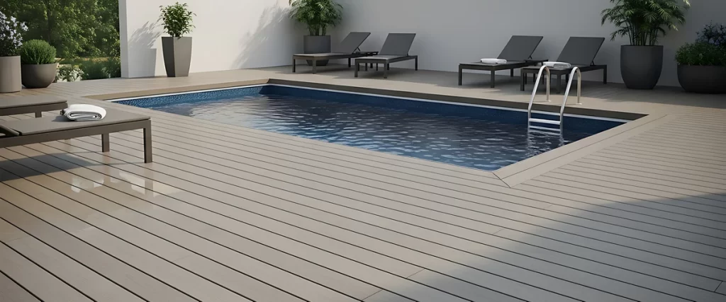 A sleek rectangular pool surrounded by a grey classic wraparound deck with modern sun loungers, clean lines, and dark planters.